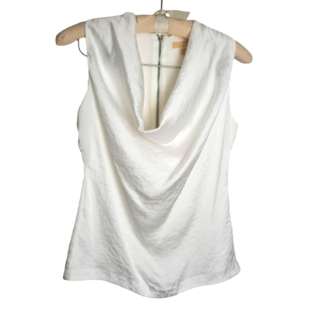 Michael, Michael Kors Crinkled Satin Sleeveless Blouse in Pearl White, Size 2P